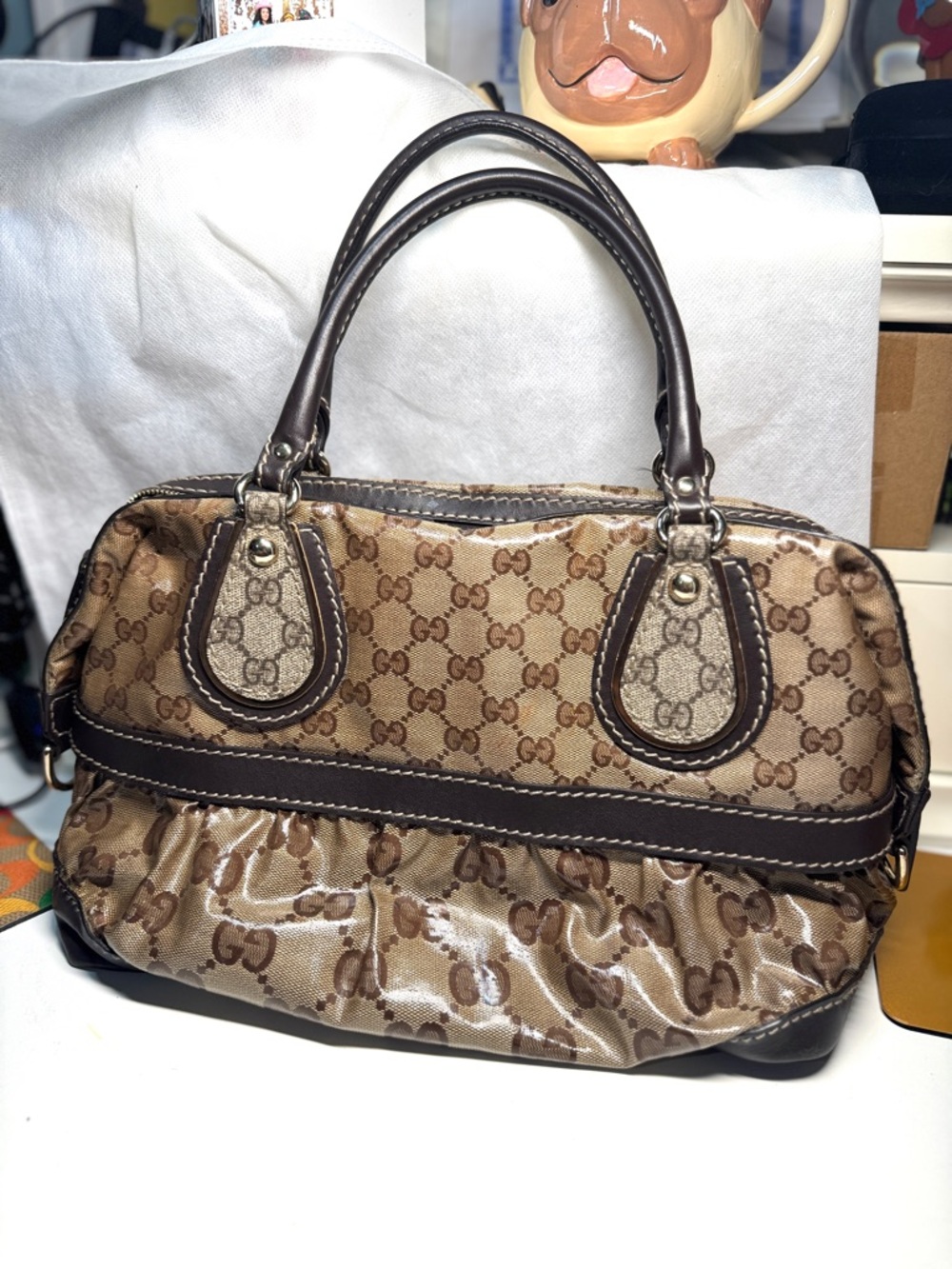 Gucci GG coated Canvas Shoulder Bag Brown Trim crystal Sukey Brown handbag
